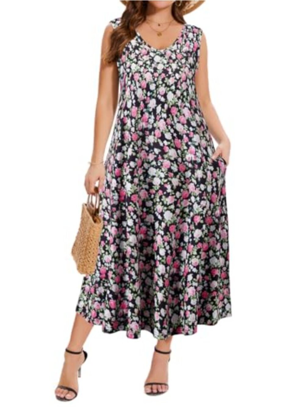 Plus Size Sleeveless V-Neck Floral Maxi Dress with Pockets Lightweight Rayon